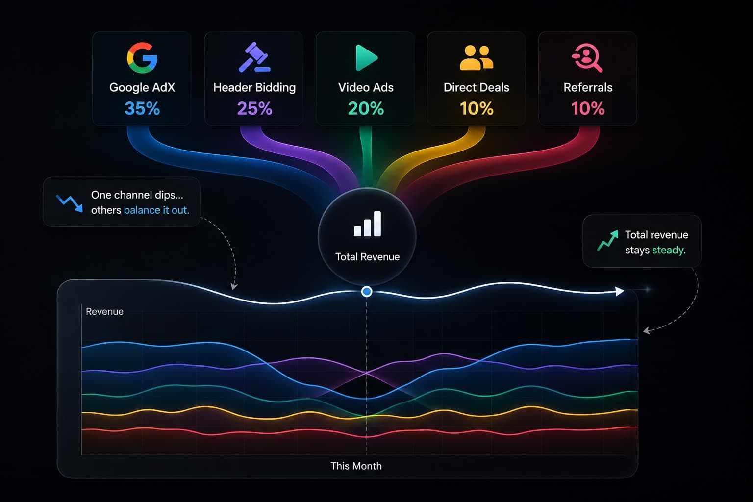 Five revenue channels (Google AdX, header bidding, video ads, direct deals, referrals) feeding into one total revenue figure, with a chart showing total revenue staying steady as one channel dips and the others balance it out