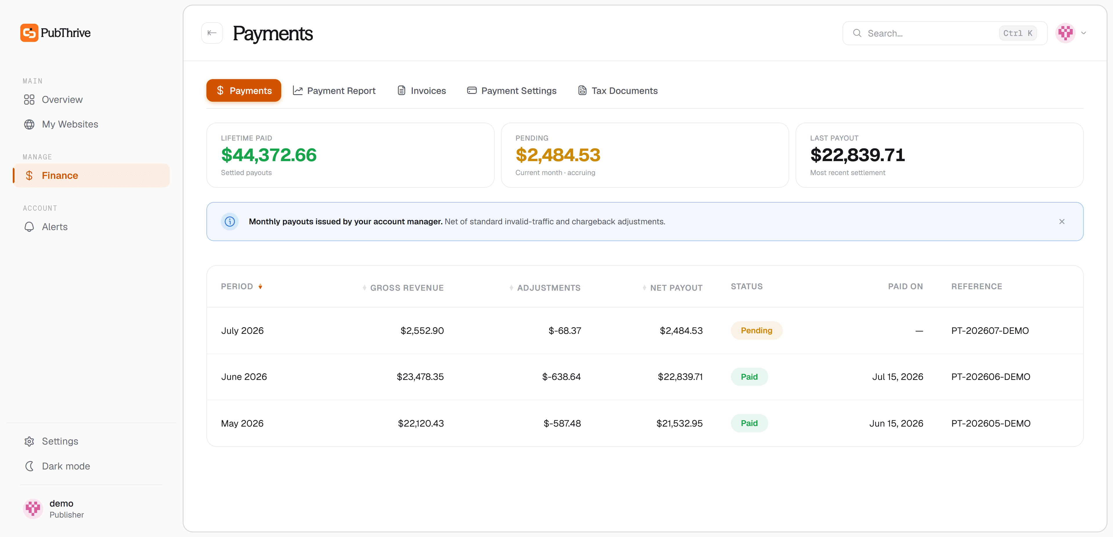 Payment reports with monthly payout totals, MCM revenue, adjustments, and payment history