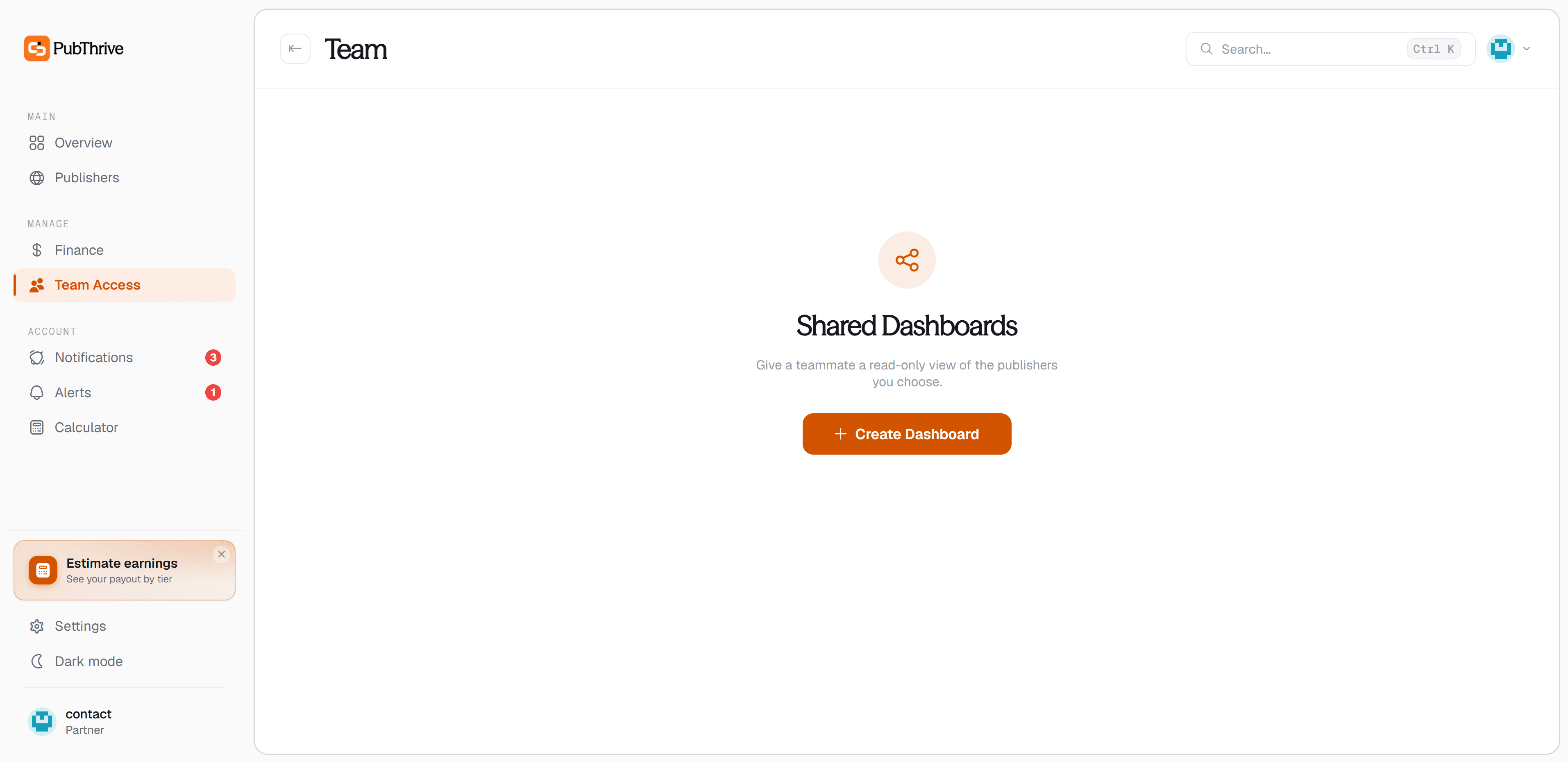 A shared, reporting-only dashboard scoped to a partner's accounts