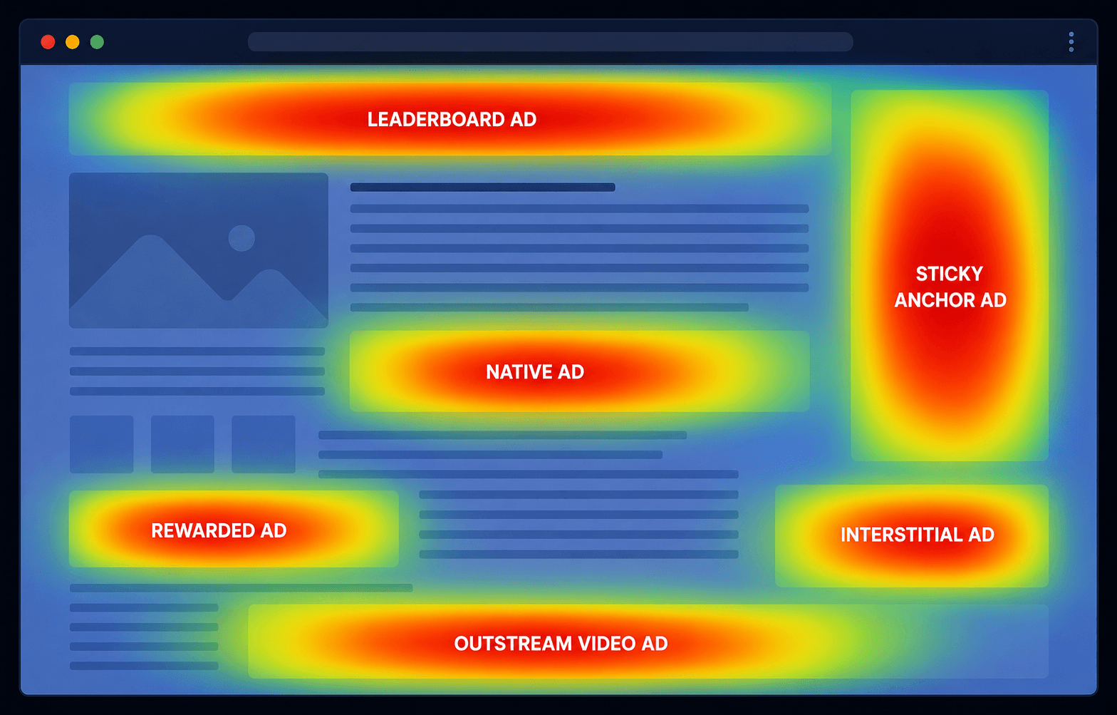 Heatmap of a web page showing attention concentrated on the leaderboard, sticky anchor, native, rewarded, interstitial, and outstream video ad slots